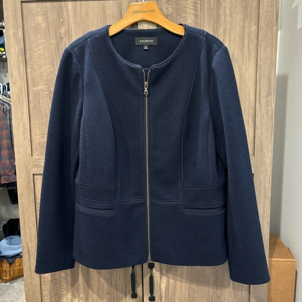 Talbots Blazer Jacket 12 Navy Blue Zip Front Lined